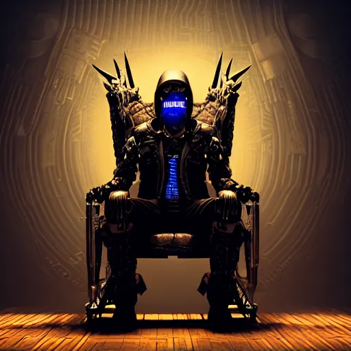 Image similar to evil cyberpunk dark lord sitting on a throne, highly detailed, photorealistic portrait, bright studio setting, studio lighting, crisp quality and light reflections, unreal engine 5 quality render