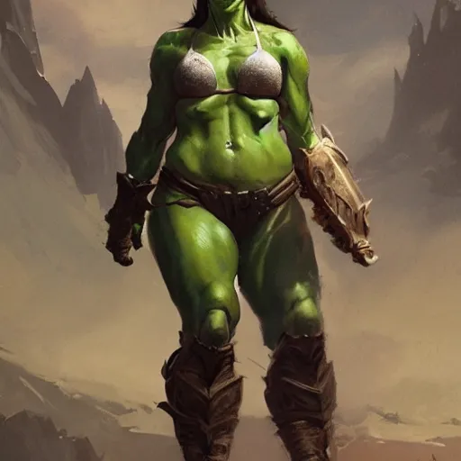 Prompt: a full body portrait of a toned physique green orc woman with a ponytail in full plate armor, by greg rutkowski, wlop, astri lohne, trending on artstation