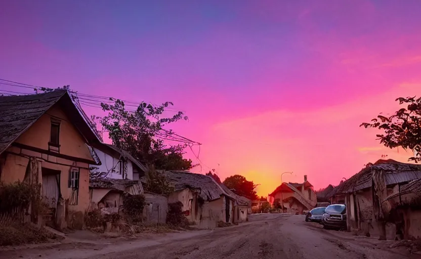 Prompt: village, houses with faces, sunset atmosphere, pink, low contrast, light, naive, detailed, cinematic