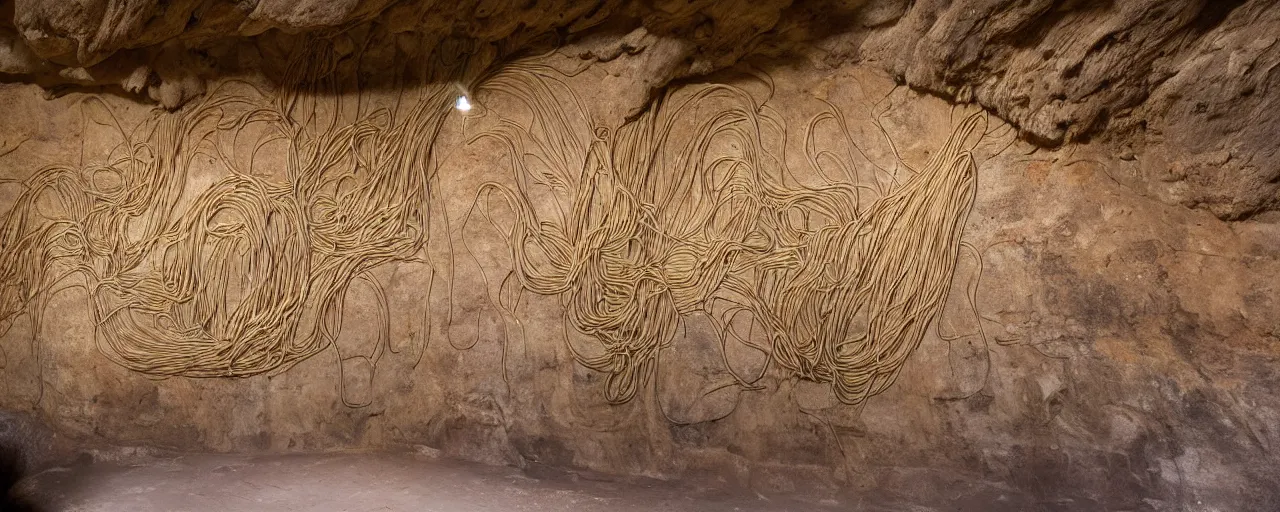 Prompt: wide shot paintings on a cave wall that feature spaghetti, archaic, fine detail