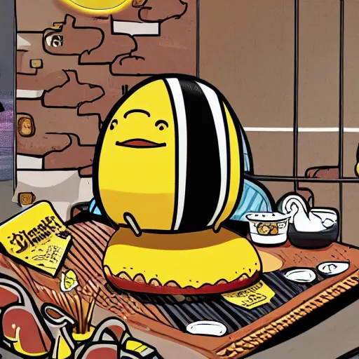 Image similar to beetlejuice laying on top of gudetama