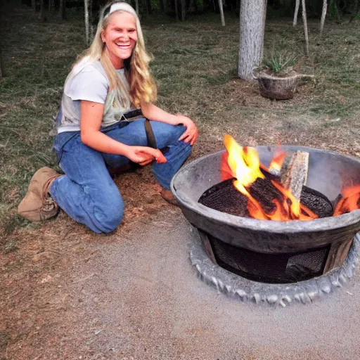 Image similar to photo of hillbilly with long blonde hair smiling near a fire pit