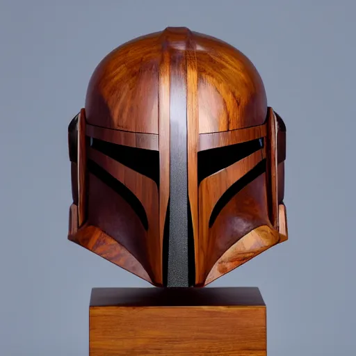 Image similar to a completely made of wood, real - world sculpture bust of the mandolorian star - wars character, made of highly polished walnut wood, polished, cedar, polished tiger - wood. photograph, photographic, 3 5 mm