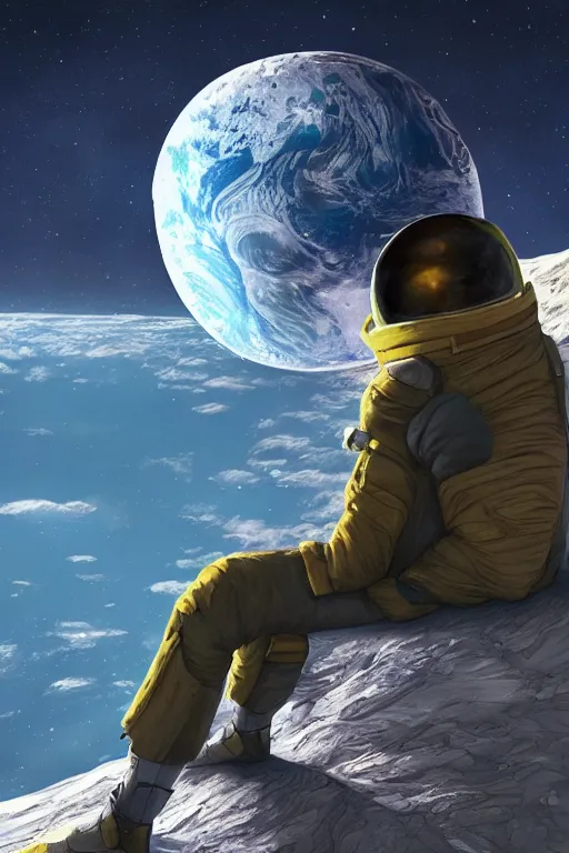 Image similar to Man sitting on the moon with a view of the earth in the background, digital painting, highly detailed, artstation, concept art, smooth, sharp focus, illustration.