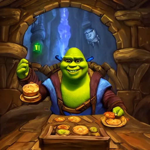 Image similar to shrek as a wizard, in a tavern, hearthstone, concept illustartion, character art,