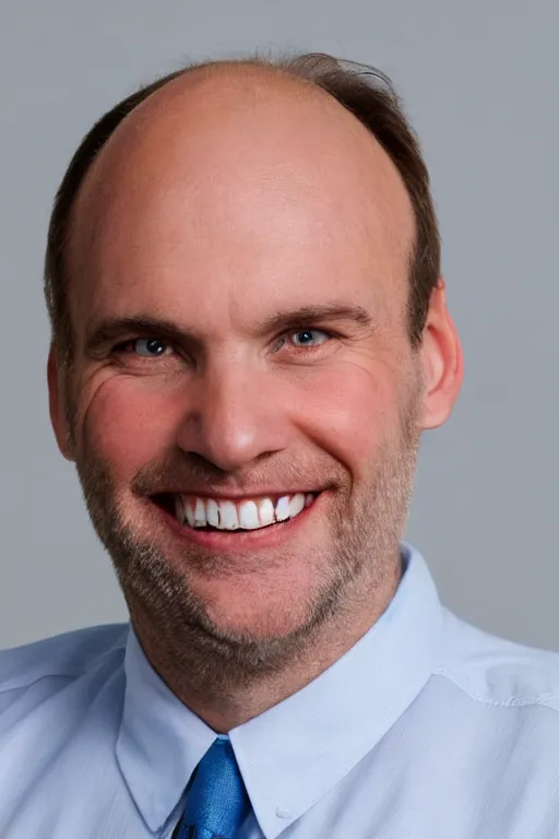 Image similar to full body color photograph of a balding, middle aged, brown haired, hairy, blue eyed, round faced, short white man dressed in a white shirt, smiling at the camera with perfect, straight white teeth