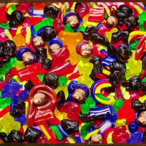 Prompt: Velazquez Las Meninas, candy, sculpted out of candy, gummy candies, gummy bears, gummy worms, colorful award-winning photo of candy, happy smiley