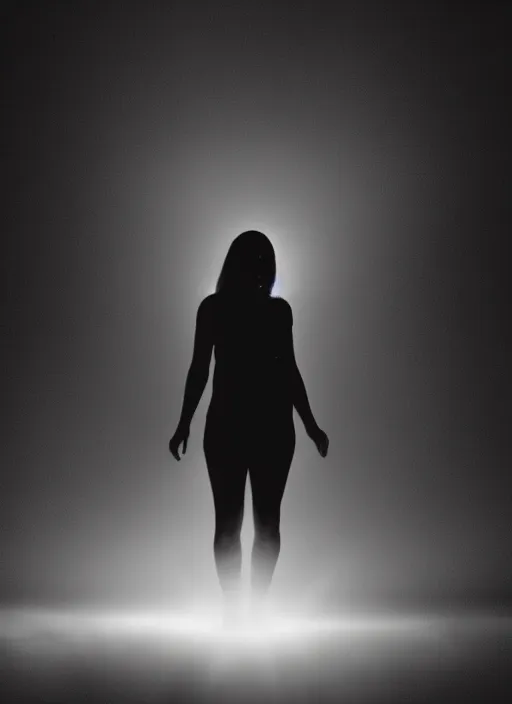 Image similar to a female silhouette, white glowing aura, faint orbs, fog, film grain, cinematic lighting