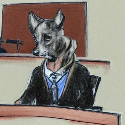 Prompt: A lawyer dog making an opening statement in court in front of the jury, highly detailed, courtroom sketch