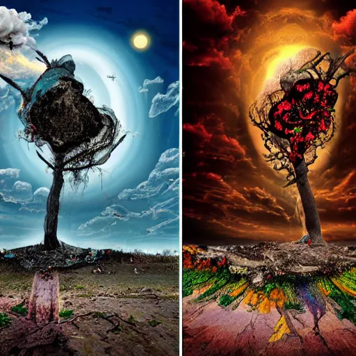 Image similar to life before birth and death after destruction, surreal and colorful