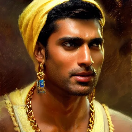 Image similar to detailed realistic cinematic wide shot of beautiful attractive muscular indian man with gold chain wearing blue bath robe slim face symettrical face clean skin black eyes black robe smooth, sharp focus, ultra realistic, spring light, painting by gaston bussiere, craig mullins, j. c. leyendecker