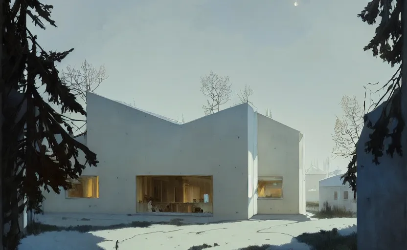 Image similar to painting of a wide angle exterior shot of a white modern architecture with cinematic lighting by peter zumthor, darek zabrocki and greg ruthkowski, alphonse mucha, simon stalenhag and cinematic and blue cold atmospheric, archillect concept art, artstation, trending on artstation