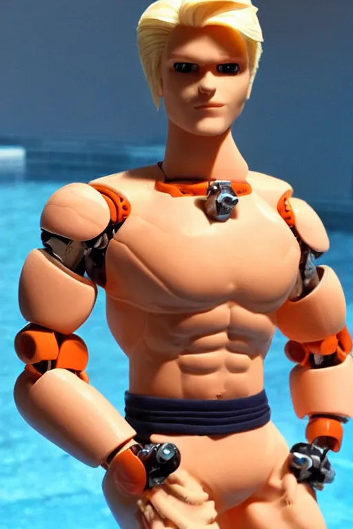 Image similar to a handsome robot bodybuilder with blonde hair who is also a male android, ken doll, muscular, wearing a cut-off white crop top and short light orange shorts stands by a swimming pool, shiny skin, robotic