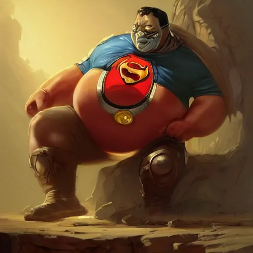 Prompt: a insanely detailed painting of an overweight masked superhero wearing a costume that's too small, staring at the computer nervously clicking on the mouse in the style of peter mohrbacher, dramatic lighting and composition, trending on artstation, concept art, comic book