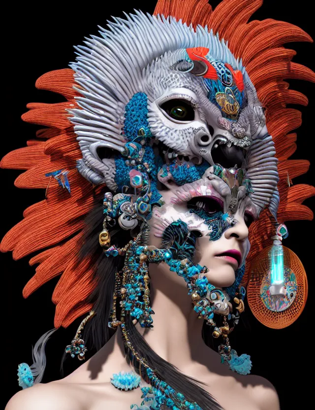 Image similar to 3 d goddess close - up profile portrait punk with mohawk with ram skull. beautiful intricately detailed japanese crow kitsune mask and clasical japanese kimono. betta fish, jellyfish phoenix, bio luminescent, plasma, ice, water, wind, creature, artwork by tooth wu and wlop and beeple and greg rutkowski