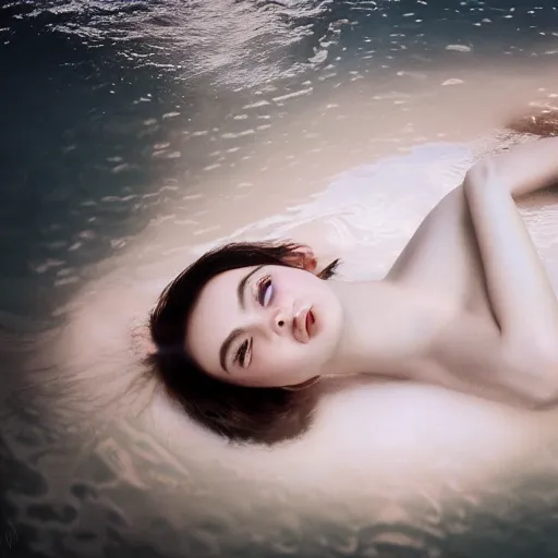 Prompt: portrait of a beautiful girl like anya taylor - joy floating under the deep water, white petal, by personal photography, art by brookskim, closeup, 4 k, highly detailed, instagram,