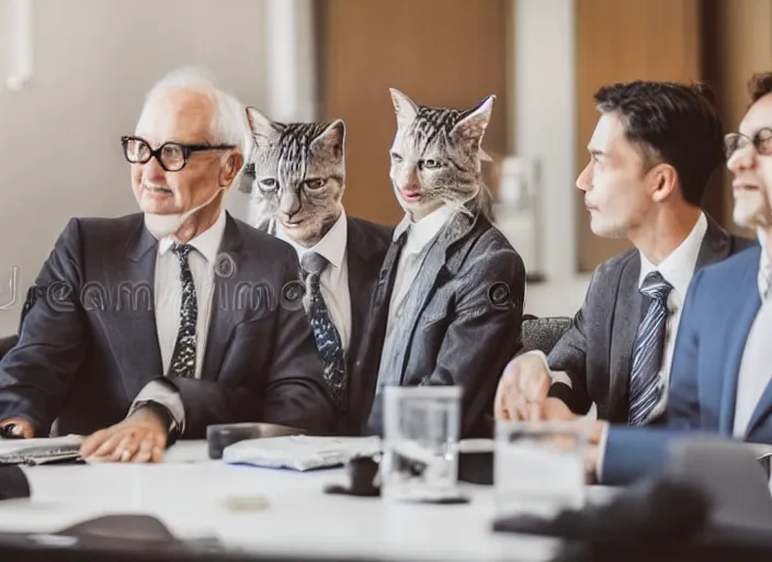 Prompt: photo of a management board meeting of well dressed cats. Highly detailed 8k. Intricate. Sony a7r iv 55mm. Stock photo.