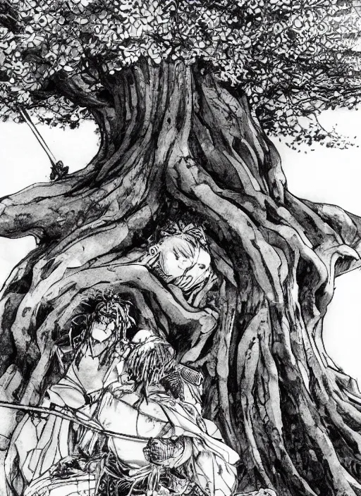 Image similar to a samurai resting beneath a giant tree, by takehiko inoue and kim jung gi and hiroya oku, masterpiece ink illustration, realistic face and anatomy