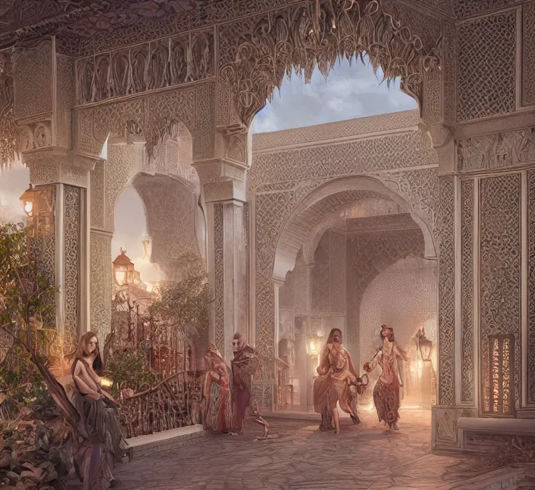 Prompt: ultra realistic illustration fantasy palace with an ornate white wooden archway surrounded by moroccan lanterns and detailed tiles elegant, highly detailed, digital painting, concept art, smooth, sharp focus, illustration, art by artgerm and gerald brom