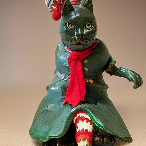 Prompt: Margaret Le Van Alley Cat fashion statuette, character Lushus, wearing festive clothing, full body render, museum quality photo