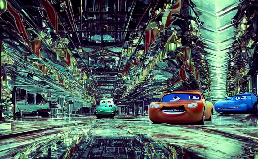 Image similar to mater from cars in a mirrored fractal hallway, romance novel cover, in 1 9 9 5, y 2 k cybercore, industrial photography, still from a ridley scott movie