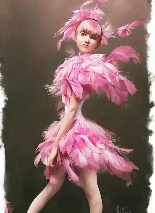 Prompt: beautiful little girl with an pink eccentric haircut wearing an dress made of feathers dancing on stage, artwork made by ilya kuvshinov, inspired in donato giancola, hd, ultra realistic, reflection, flowers, light stage