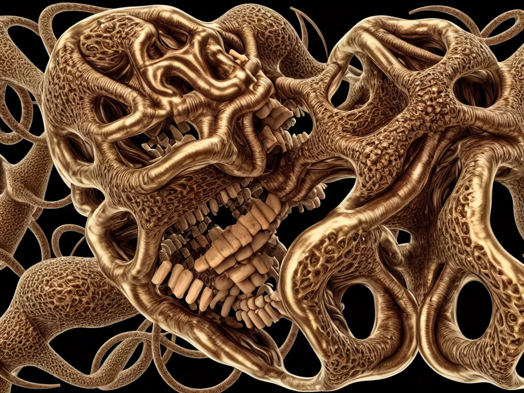 Prompt: human eating yourself ], neo surrealism, art by ernst haeckel and daniel martin diaz and mc escher, 8 k, unreal engine render