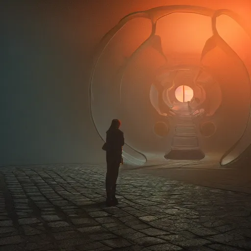 Image similar to sci-fi time traveler, entering through a portal into another dimension, hdr, glowing, misty soft, sunset, Chris Nolan cinematography style, dark, cinematic, cinema lighting, highly detailed, ultra realistic, cinematic lighting, 8k