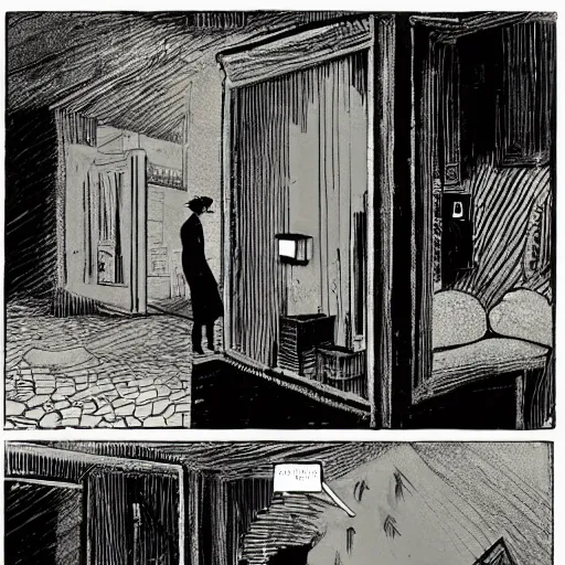 Prompt: by jacques tardi, by andrew boog faithfull subtle, fine isometric, scarlet. a beautiful performance art. i was born in a house with a million rooms, built on a small, airless world on the edge of an empire of light & commerce.