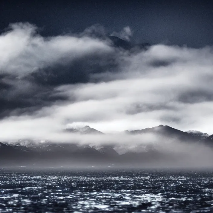 Image similar to award winning photo of floating glacier in the sky surrounded by clouds and mist, mysterious,