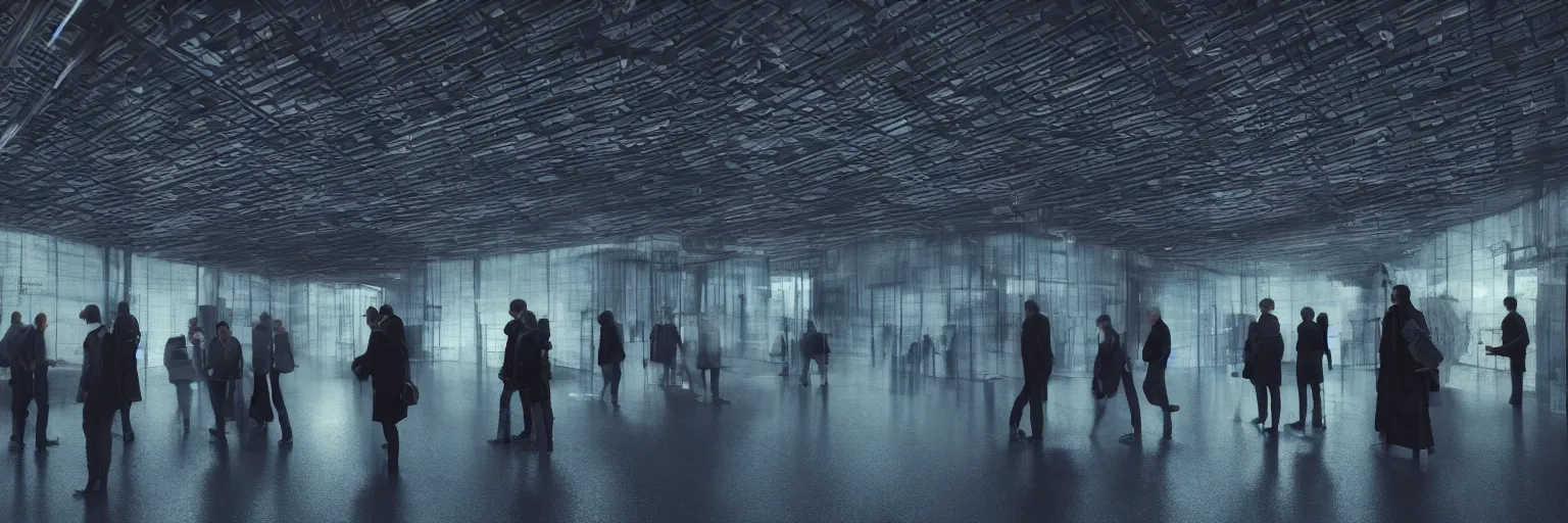 Prompt: some people waiting in bus stop in quiet dark city night, Inbetween worlds. Inside a Borg cube. Industrial labyrinth with an infinite staircase. Heigh ceiling. Fluorescent lighting. Mist. Color scheme dark blue. Gradient. Wide shot. Photoreal. Octane render. 4k. Artstation, concept art