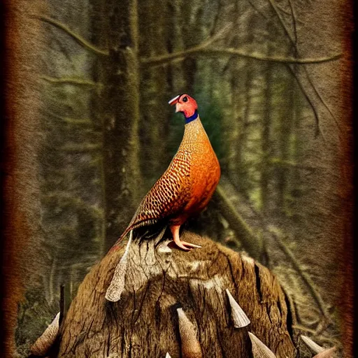 Prompt: pheasant sits on a stump with sword, in deep forest, by rivuletpaper, rivuletpaper art, Mouse Guard by David Petersen, mouse photo, small details, realistic illustration,