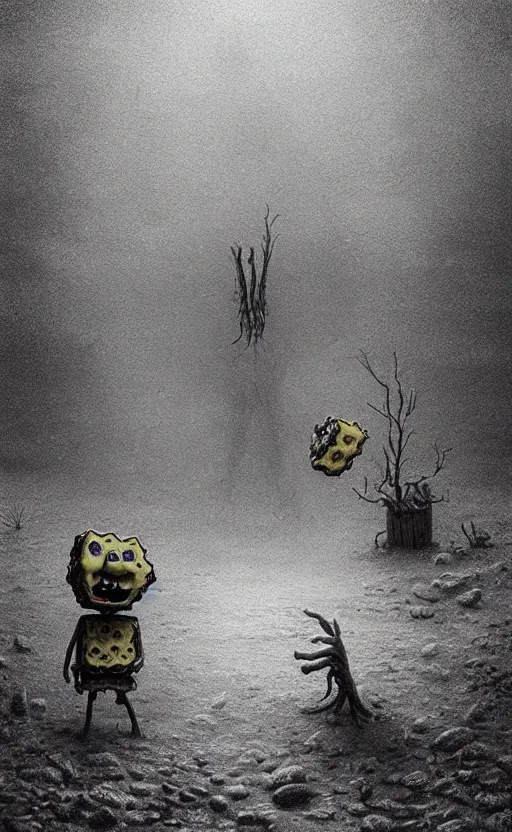 Prompt: spongebob squarepants in style of zdzisław beksinski, standing in wasteland, horror art, creepy, desolate, spongebob, spongebob, spongebob, spongebob