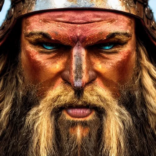Prompt: a vibrant color photograph of a viking warrior face, 8k