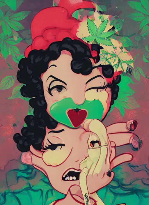 Image similar to bettyboop profile picture by sachin teng x ofwgkta, weed, marijuana, organic painting, hard edges, masterpiece, smoke, asymmetrical, matte paint, energetic