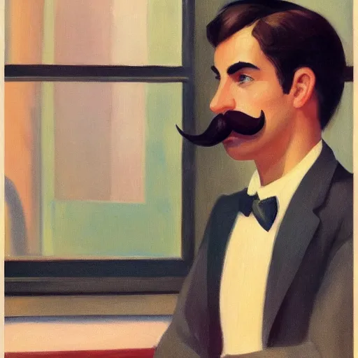 Image similar to a brown haired man with a small mustache staring deeply at camera, detailed, edward hopper, trending on artstation,