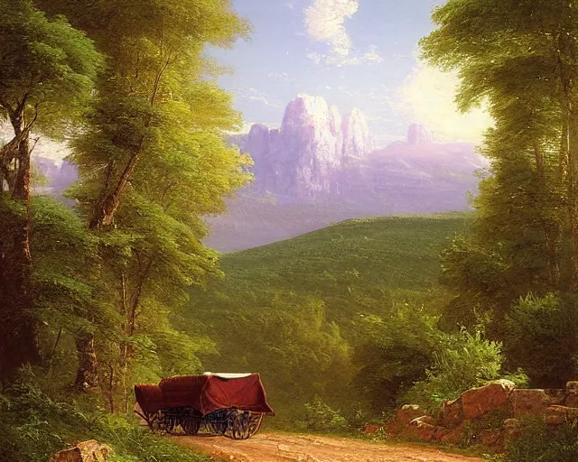 Prompt: a painting of a covered wagon traveling down a road by a mountain, lush countryside, early morning, thomas cole, ted nasmith