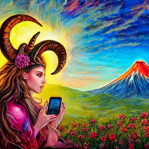 Image similar to painting by senior concept artist josephine wall, horned ram goddess checking her cell phone, erupting volcano and sunset in distance in background, flowers in foreground, zodiac, fantasy, acrylic on canvas, intricately detailed, highly detailed, high resolution, hdr, 8 k, trending on artstation