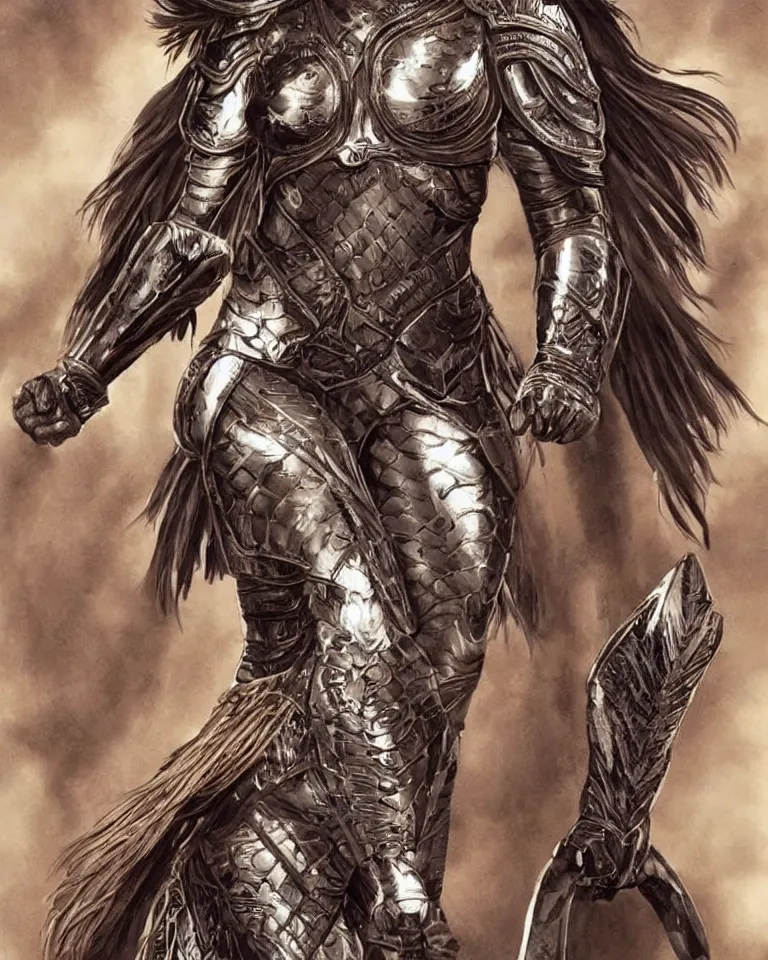 Prompt: a young jodie foster as an amazon warrior, tall and beautiful with brown skin and long hair, dressed in hellenistic body armor, intricate, elegant, highly detailed, smooth, sharp focus, detailed face, art by ardian syaf