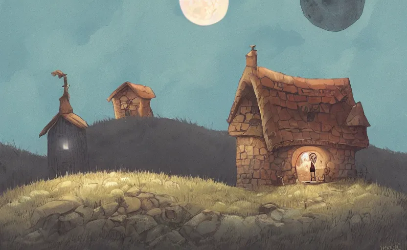 Image similar to a witch's shop on a lonely hill against a giant moon, storybook, gouache, flat, concept art, lush