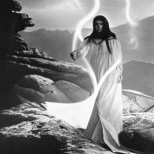 Prompt: 1 9 7 0's artistic western movie, a woman in a giant flowing incredibly long dragging white dress made out of white smoke, standing inside a dark western rocky scenic landscape, volumetric lighting