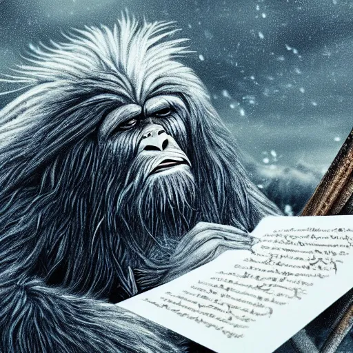 Prompt: a high detailed realistic photo of a long haired yeti writing on parchment with a quill in a windy snowstorm with fur being blown in the wind