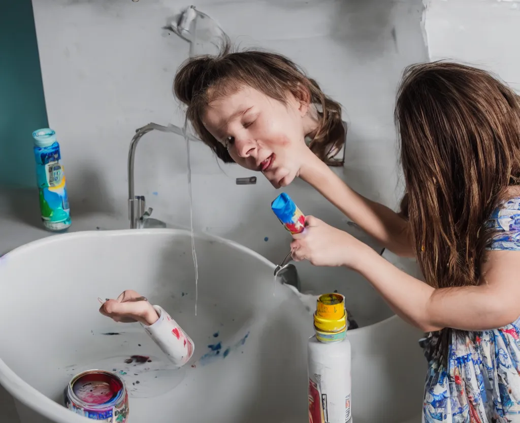 Prompt: first person point of view of a girl squeezing a paint tube in the kitchen sink, 8k