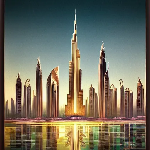 Prompt: a picture of dubai city skyline in a white frame, an art deco painting by enguerrand quarton, featured on behance, art deco, cityscape, matte drawing, poster art h 7 6 8