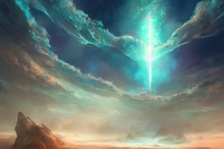 Image similar to the night sky is an upside down ocean, the stars are fish in the depths, the night sky is a sea, distant nebula are glowing algae fantasy painting by jessica rossier