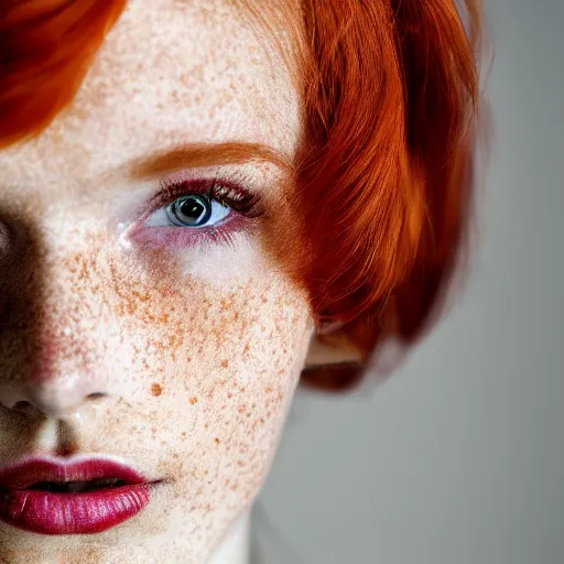 Prompt: close up portrait photo of a real beauty redhead freckles, 8k, masterpiece, pinup, highly detailed, smooth, sharp focus