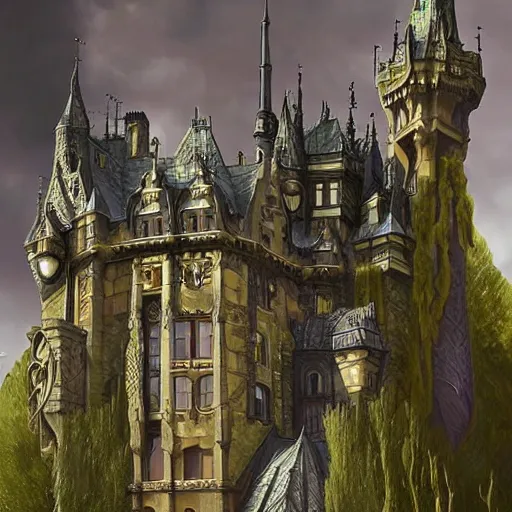 Image similar to a fantasy goth castle on hill, digital art, photorealistic, dark theme, smooth, sharp focus, artgerm, alphonse mucha