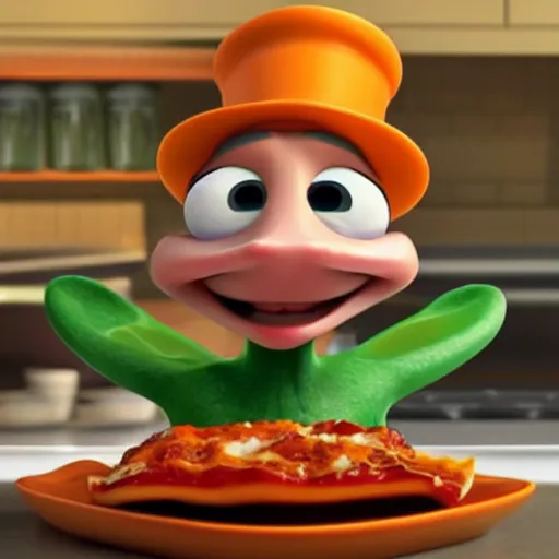 Prompt: pixar 3 d style cute platypus on a kitchen wearing a chef hat and holding a lasagna into an oven, pixar style, 3 d, ratatouille style