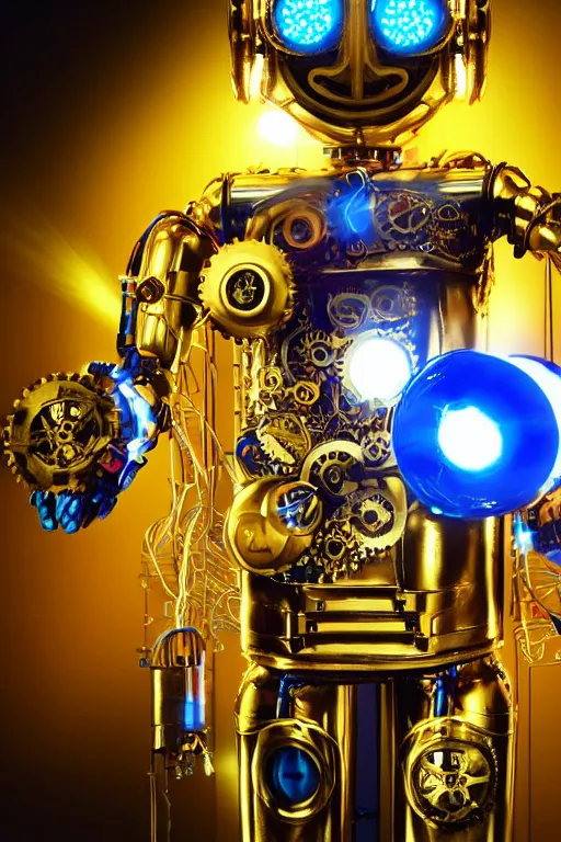 Prompt: portrait photo of a giant huge golden and blue metal humanoid steampunk robot female singer with headphones and gears and tubes, in the foreground is a big red glowing microphone, eyes are glowing green lightbulbs, shiny crisp finish, 3 d render, 8 k, insaneley detailed, fluorescent colors, background is multicolored lasershow