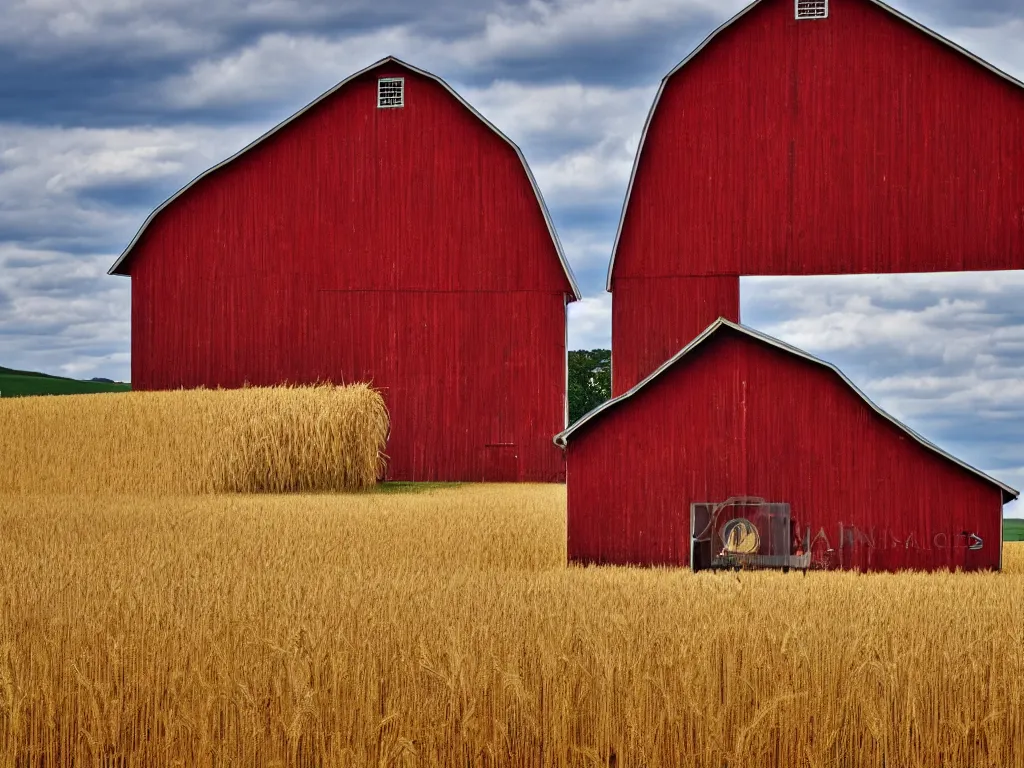 Image similar to A single isolated old red barn next to a wheat crop at noon. Blue sky, award winning photography, wide shot, surreal, dreamlike.